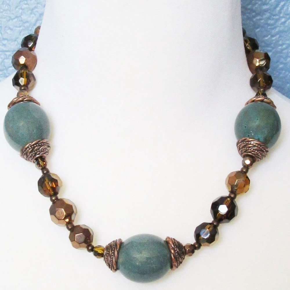 Premier Designs Necklace Turquoise & Copper Tone Beads Faceted 18-22" NWOT M508